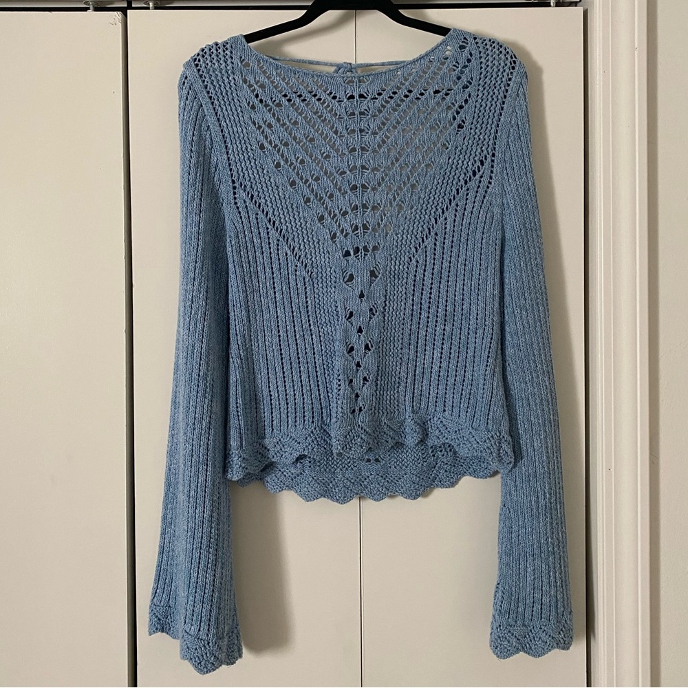 Powder Blue Crew Neck Sweater with Flared Sleeves